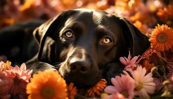 Cute puppy sitting in grass, smelling flower, enjoying nature generated by AI photo