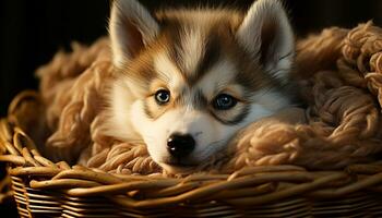 Cute puppy sitting outdoors, fluffy fur, playful in nature generated by AI photo