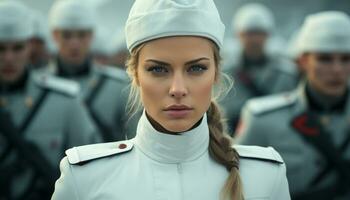 Young adults in military uniforms, confident and smiling generated by AI photo