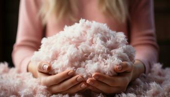 A woman hand holds fluffy wool, embracing winter beauty generated by AI photo