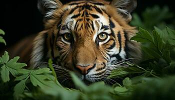 Majestic Bengal tiger, striped fur, staring, beauty in nature generated by AI photo