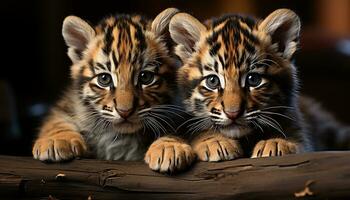 Cute striped tiger kitten staring, playful and alert outdoors generated by AI photo