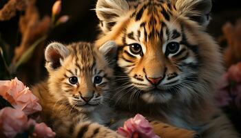 Cute tiger cub playing, looking at camera in nature generated by AI photo