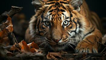 majestuoso Bengala tigre, cerca arriba retrato, curioso con vigilancia generado por ai foto