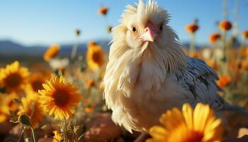 A cute rooster looks at the sunset in a meadow generated by AI photo