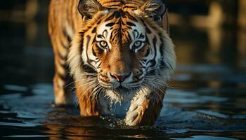 Bengal tiger, majestic and fierce, stares into tranquil pond generated by AI photo