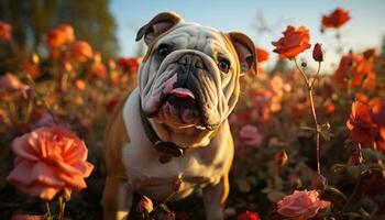 Cute bulldog puppy sitting outdoors, looking at camera generated by AI photo