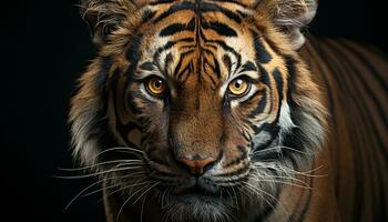 Majestic Bengal tiger staring, its striped fur a pattern of danger generated by AI photo