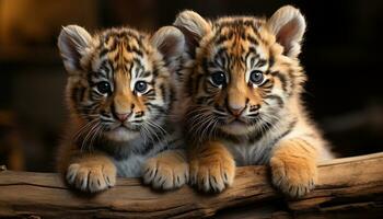 Cute tiger cub staring, playful, nature beauty in close up generated by AI photo