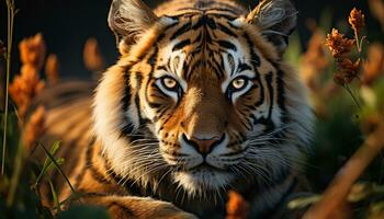 Majestic Bengal tiger staring, beauty in nature tranquility generated by AI photo