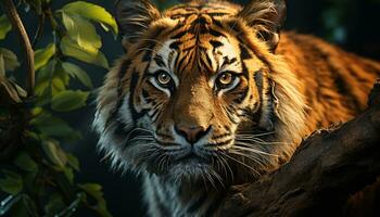 Majestic Bengal tiger staring, wild beauty in nature generated by AI photo