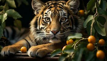 Cute Bengal tiger staring, hiding in tropical rainforest generated by AI photo
