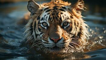 Majestic Bengal tiger staring, close up, in tropical rainforest generated by AI photo