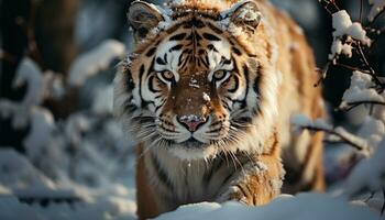 Bengal tiger, fierce and majestic, walks through snowy forest generated by AI photo