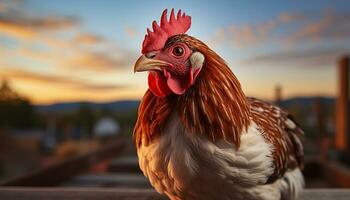 Majestic rooster standing in meadow, looking at camera generated by AI photo