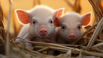 Cute piglet on farm, snout looking at young bird generated by AI photo