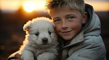 sonriente niño abraza linda cachorro, disfrutando naturaleza alegre inocencia generado por ai foto