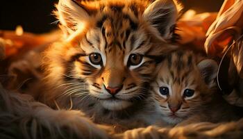 Cute young tiger cub playing, staring at camera, alertness generated by AI photo