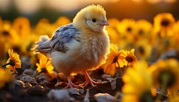 Cute baby chicken, small and fluffy, outdoors in nature generated by AI photo