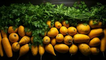 Healthy eating Fresh, organic vegetables and fruits on wooden table generated by AI photo