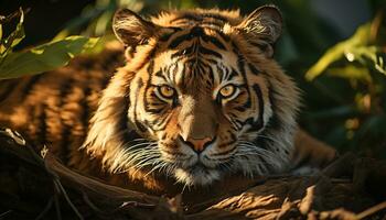 Bengala Tigre curioso, majestuoso, ocultación en tropical selva generado por ai foto