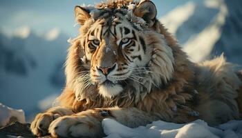 majestuoso Bengala Tigre curioso, feroz y hermosa en el nieve generado por ai foto