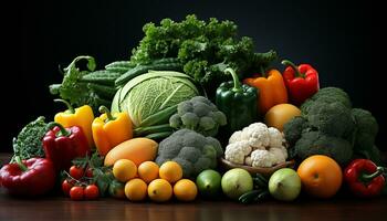 Freshness of organic vegetables tomato, broccoli, cauliflower, carrot, bell pepper generated by AI photo