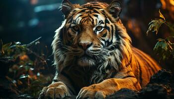 Majestic tiger, wild beauty, staring, tranquil scene, nature aggression generated by AI photo