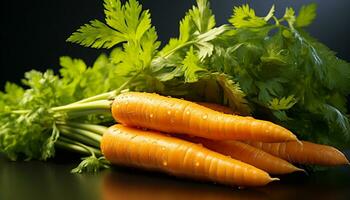 frescura de sano comiendo verdura, zanahoria, hoja, orgánico, perejil generado por ai foto