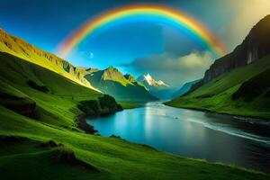 A phenomenal waterfall included by well off greenery and a rainbow shaping in its fog. photo