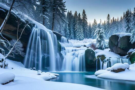 A cemented waterfall taking after a essential stone shape in a winter wonderland. photo