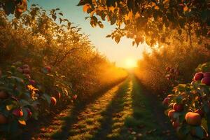 an apple house at nightfall, with brilliant light filtering through colorful takes off. Creative resource, AI Generated photo