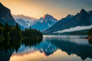 un calma lago reflejando el brillante montaña picos ese cemento él. ai generado foto