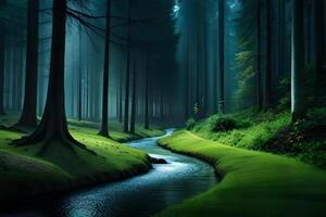 An enchanting afforest illuminated by the finespun luminescence of firefly during a attract Nox. Creative resource, photo