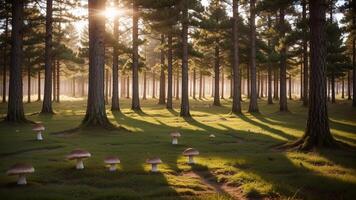 otherworldly timberland filled with sparkling mushrooms, coasting islands, and judgment aptitudes blowing creatures. photo