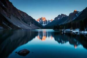 A calm lake surrounded by snowcapped mountain , creating a calm and passive air. Creative resource, AI Generated photo