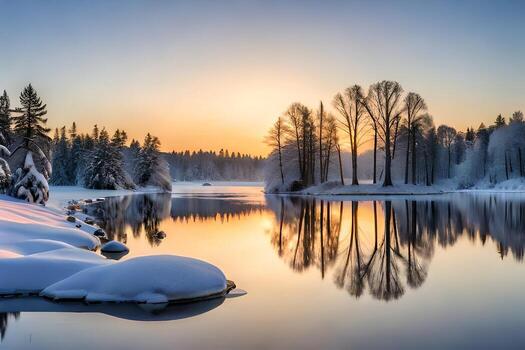 Capture the calm tremendousness of a cemented lake reflecting the twinkling lights of bounced in trees. photo