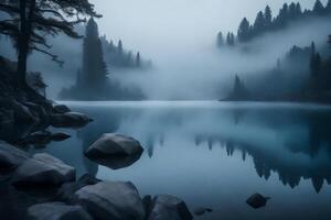 In the morning, the lake has fog. The misty air makes the lake look magical and calm, with different shades of gray and blue.. Creative resource, photo