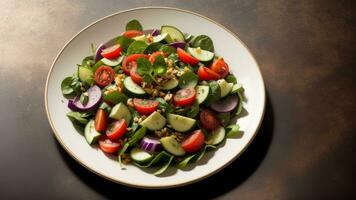 hermoso vegetal ensalada de vigorizante tomate , Pepino , cebolla , Espinacas , lechuga y sésamo en plato . dieta menú . exceder estipular. creativo recurso, ai generado foto