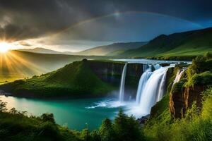 A marvelous waterfall included by well off greenery and a rainbow shaping in its fog. photo