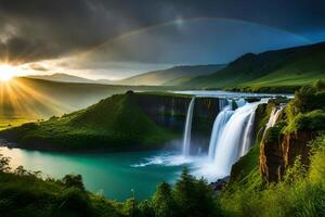 A marvelous waterfall included by well off greenery and a rainbow shaping in its fog. AI Generated photo