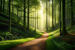 An enchanting afforest illuminated by glow of sunlight filtering through the dense canopy of tree. Creative resource, photo