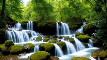 Charming Waterfall Desert garden. Paint a scene of a covered waterfall in a rich wilderness. photo