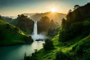 A imperial waterfall surrounded by alcoholic greenery and obscure , showcasing the baron and beauty of nature. Creative resource, AI Generated photo