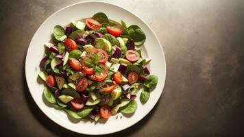 hermoso vegetal ensalada de vigorizante tomate , Pepino , cebolla , Espinacas , lechuga y sésamo en plato . dieta menú . exceder condición. creativo recurso, ai generado foto