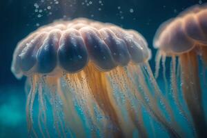 An ethereal jellyfish depicted in mesmerizing submerged wide scale. Creative resource, AI Generated photo