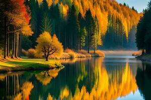 A calm lake included by trees, reflecting the colors of the setting sun. Ai Generated photo