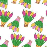 Abstract seamless pattern of spring tulip bouquets in multi colored wrapping paper in trendy shades vector