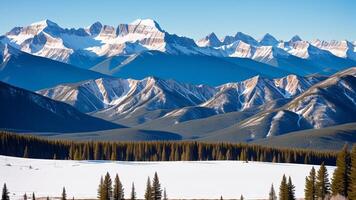 Excellent shot of rough mountains secured in white snow. photo