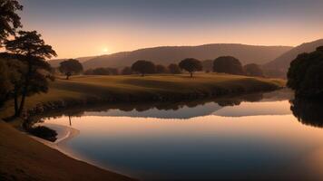 peaceful lakeside scene with a calm body of water reflecting the encompassing nature. AI Generated photo